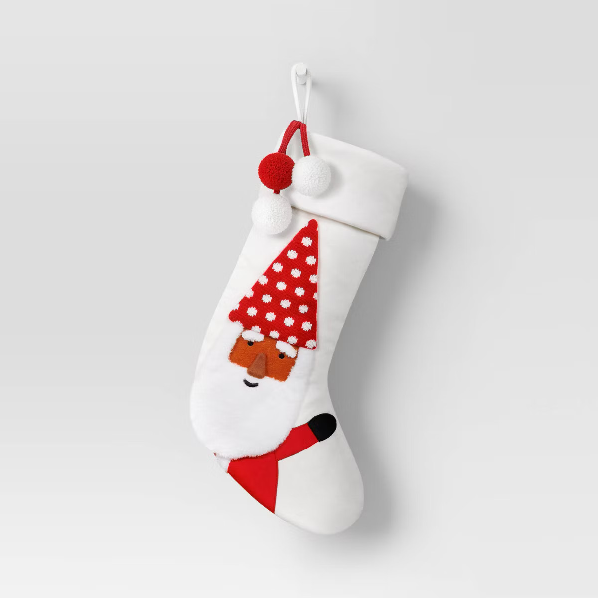 20" Santa in Polka Dot Hat Christmas Stocking with Pom Poms White/Red - Wondershop™ | Target