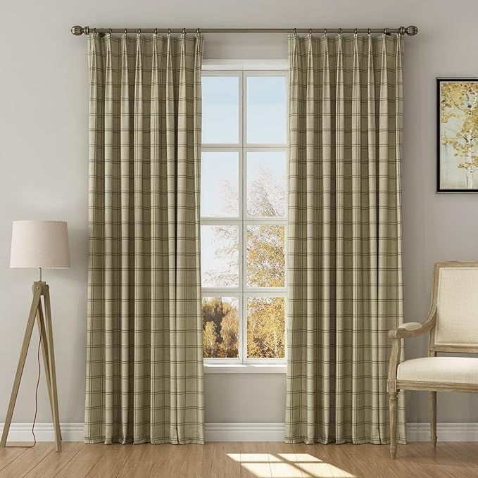 TWOPAGES Stefana Silber x Pinch Pleat Window Drapery Buffalo Plaid Sepia Linen Curtain Panel Drap... | Amazon (US)