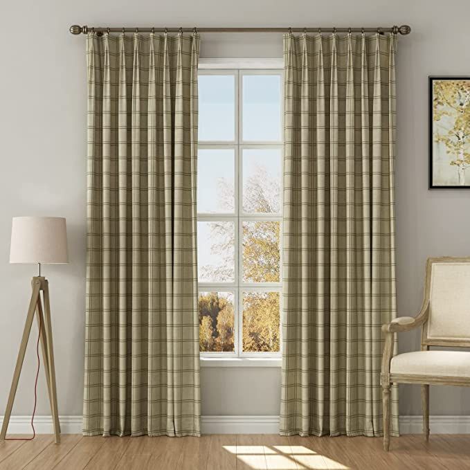 TWOPAGES Stefana Silber x Pinch Pleat Window Drapery Buffalo Plaid Sepia Linen Curtain Panel Drap... | Amazon (US)