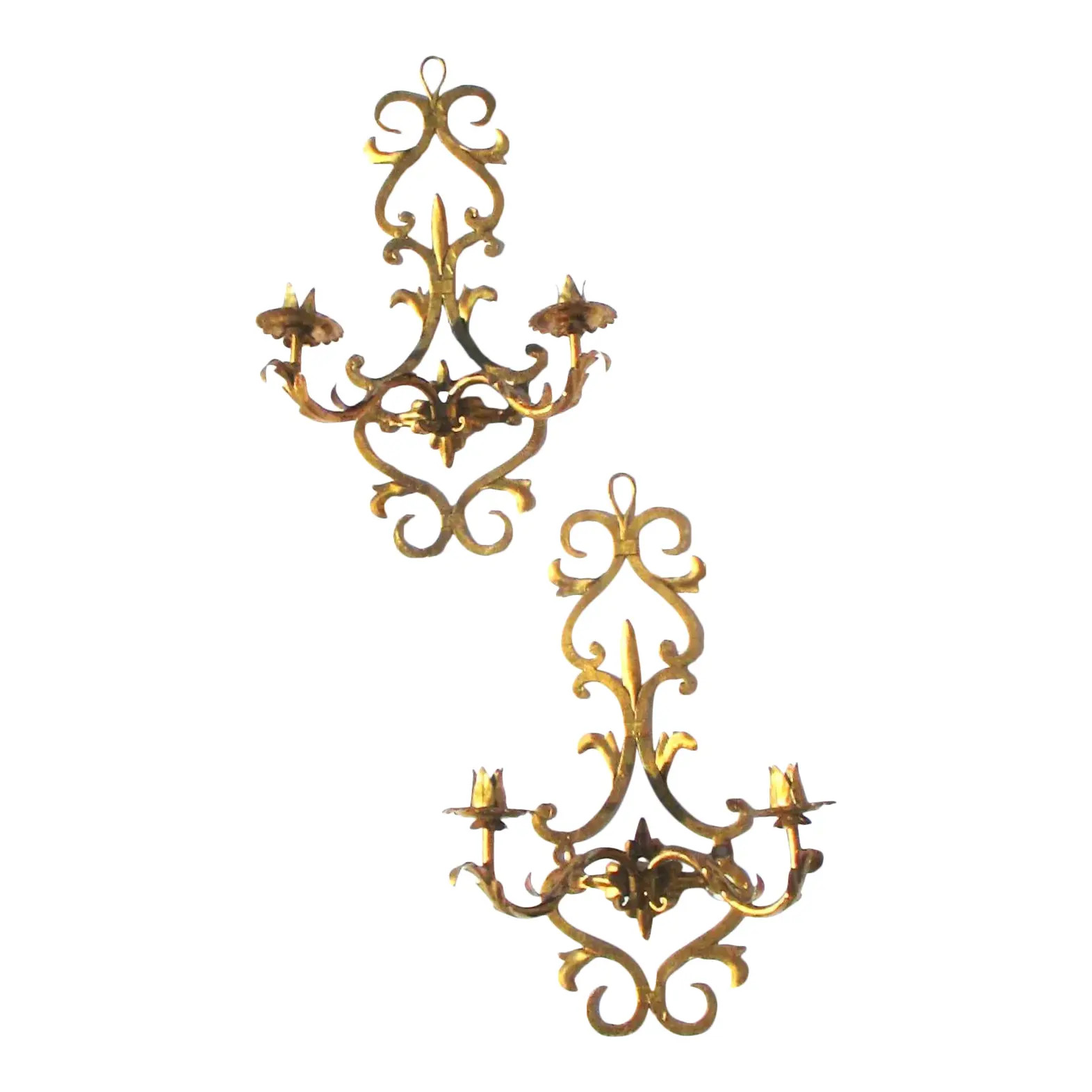 1980s Palladio Style Italian Gilt Tole Two Candle Sconces - A Pair | Chairish