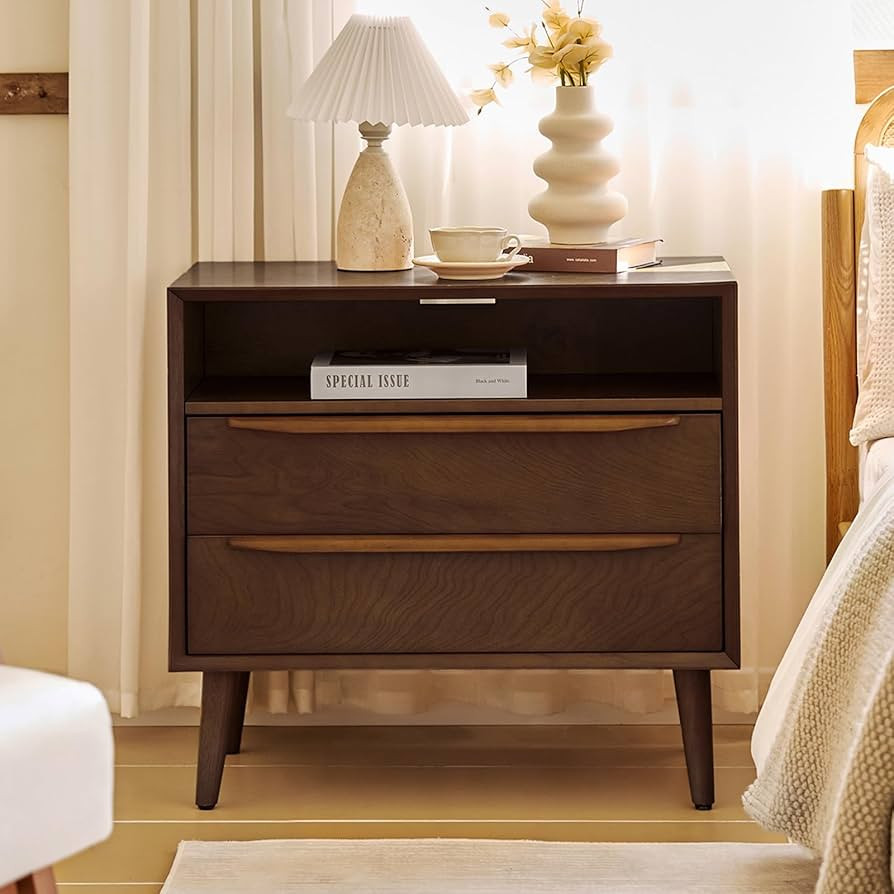 HULALA HOME Nightstand with Charging Station, Mid-Century Modern 2 Drawer and Open Shelf Dresser ... | Amazon (US)