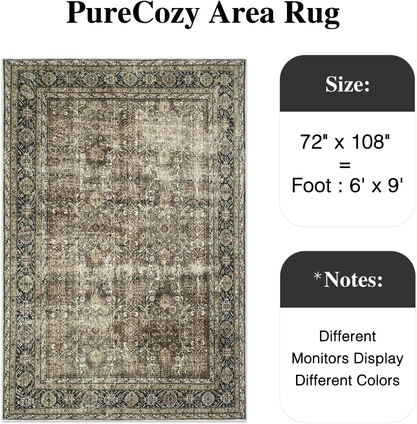 Vintage Area Rug 6x9 Brown Washable Living Room Large Carpet Non Slip Bedroom Indoor Office Low P... | Amazon (US)