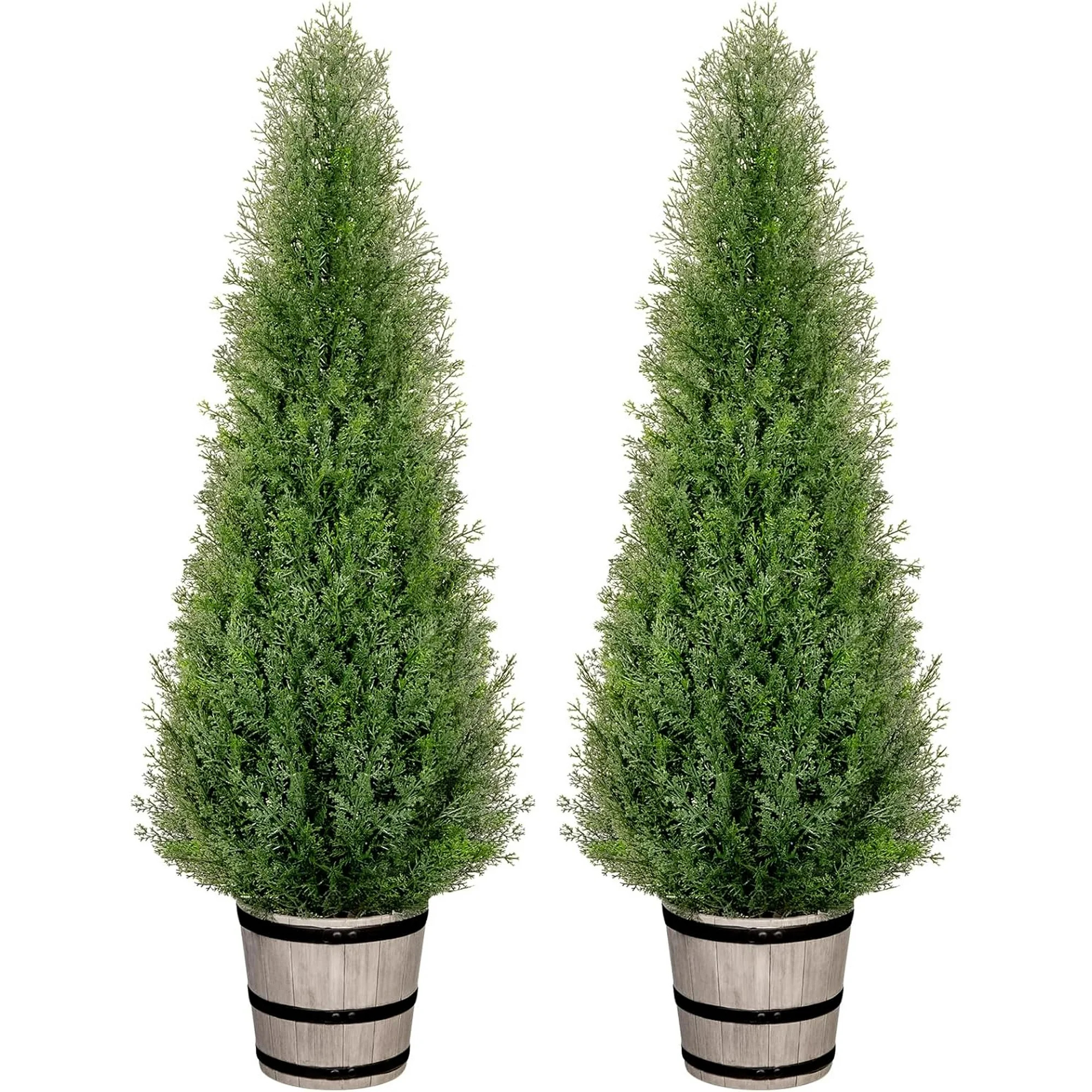 4FT Artificial Cedar Topiary Trees with Rustic Barrel Planter, Outdoor Indoor Realistic Faux Pine... | Walmart (US)
