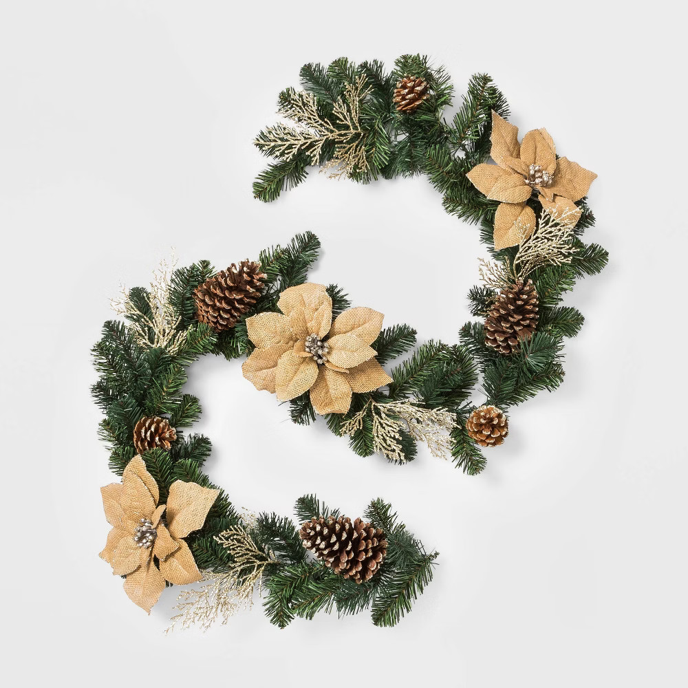 6' Pine with Burlap Poinsettias Artificial Christmas Garland Green - Wondershop | Target