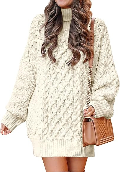 ANRABESS Women Turtleneck Long Sleeve Oversized Cable Knit Chunky Pullover Short Sweater Dresses | Amazon (CA)