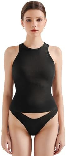 SUUKSESS Women Padded Cotton Ribbed Tank Tops High Neck Racerback Basic Tops | Amazon (US)