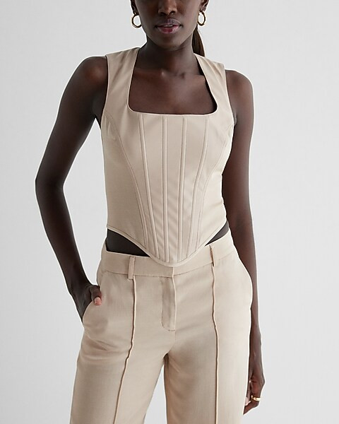 Faux Leather Linen-blend Square Neck Corset Tank | Express