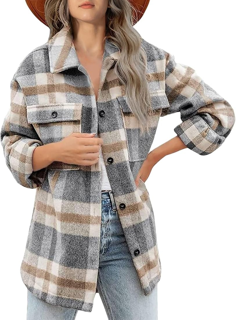 Lviefent Womens Casual Wool Blend Plaid Flannel Shackets Jacket Button Down Shirt Coat | Amazon (US)