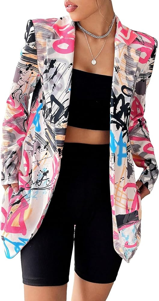 WDIRARA Women's Plus Size Lapel Collar Open Front Graffiti Graphic Button Blazer Jacket | Amazon (US)