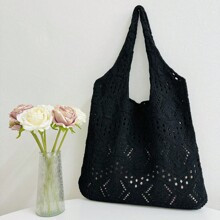 Simple Hollow Out Knitted Tote Bag Fashionable Womens Shoulder Bag For Beach Crochet Woven Handbag | SHEIN