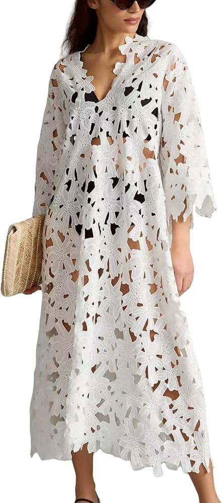 Perbai Women's V Neck 3/4 Bell Sleeve Floral Embrodered Crochet Lace Dress Long Beach Swimsuit Co... | Amazon (US)