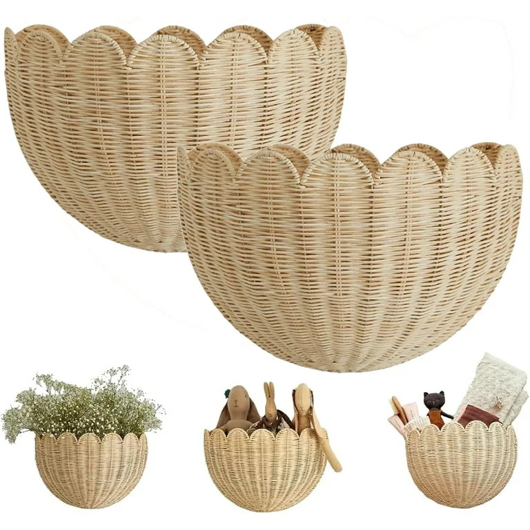 Scalloped Wall Basket,Hanging Hand Woven Wicker Wall Basket with Metal Frame & Hook, Scalloped Ra... | Walmart (US)