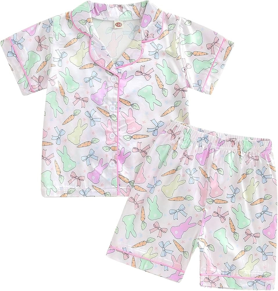 Toddler Girls Easter Satin Pajamas Bunny Feather Trim Short Sleeve Shirt + Shorts 2 Piece Pajama ... | Amazon (US)