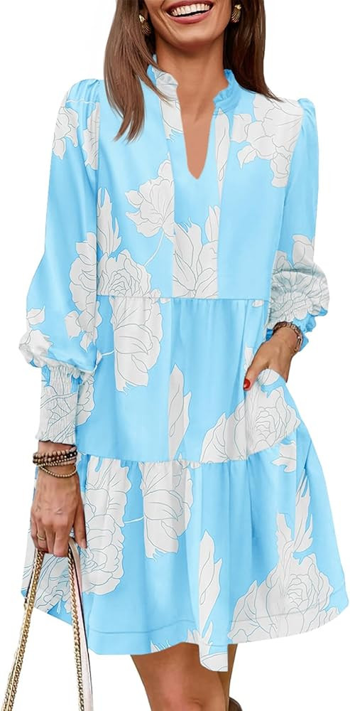 Imily Bela Womens Fall Long Sleeve Tunic Dress Casual V Neck Loose Ruffle Tiered Dress | Amazon (US)