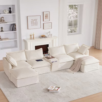 131" U-Shaped Modular Sectional Sofa, 6-Seater with 2 Ottomans, USB Console, Storage, Cup Holders, Chenille Fabric for Living Room or Apartment, Beige | Target
