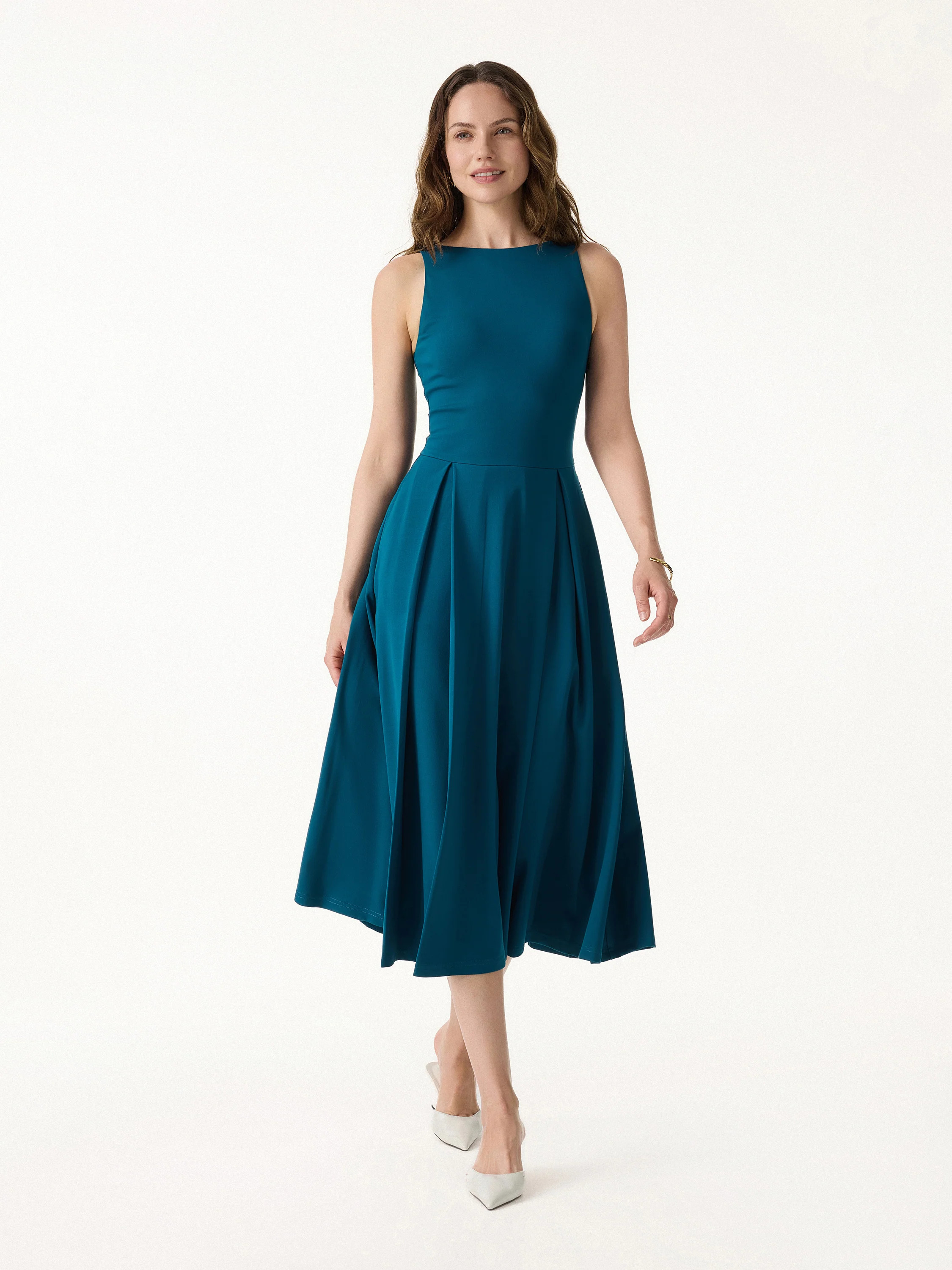 Boatneck Pleated Fit-and-Flare Midi Bra Dress with Pockets | OGLmove