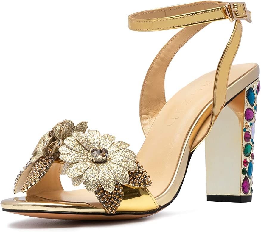 jingyibest designer slides evening gold dress shoes for womens -open toe rhinestone heels formal san | Amazon (US)
