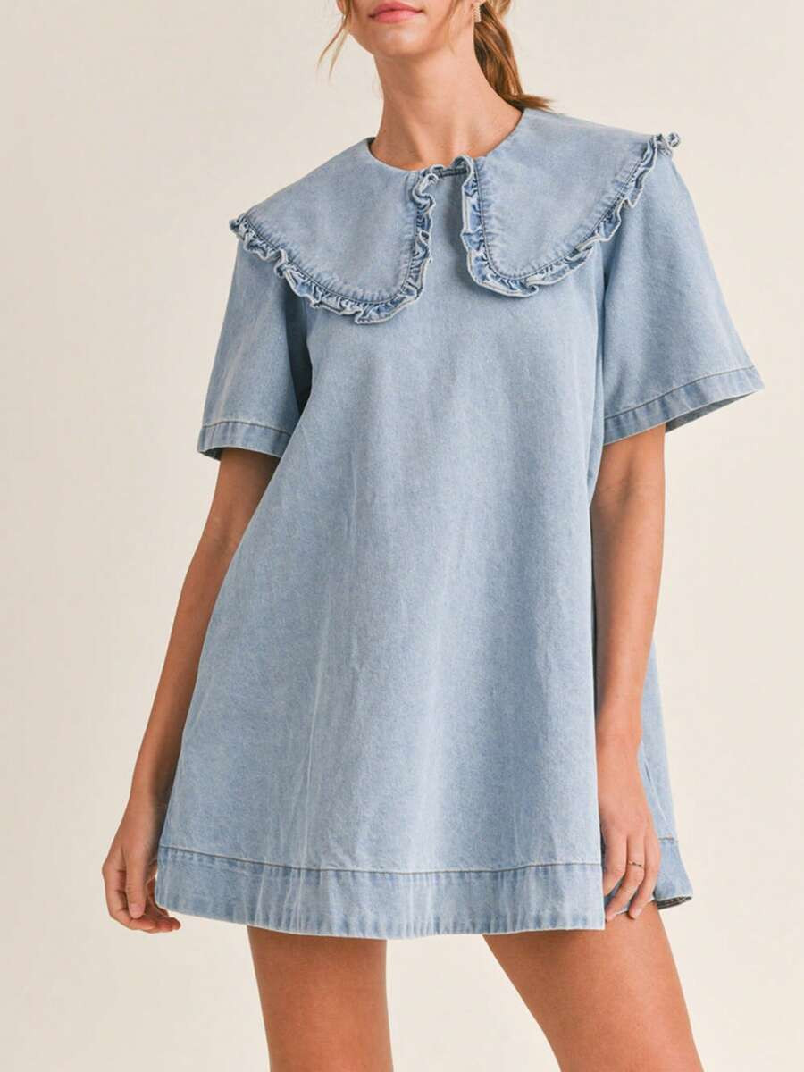 Women's Denim Short Skirt, Short Sleeved Doll Neck, Loose Denim Dress, Summer Daily Casual Wear | SHEIN