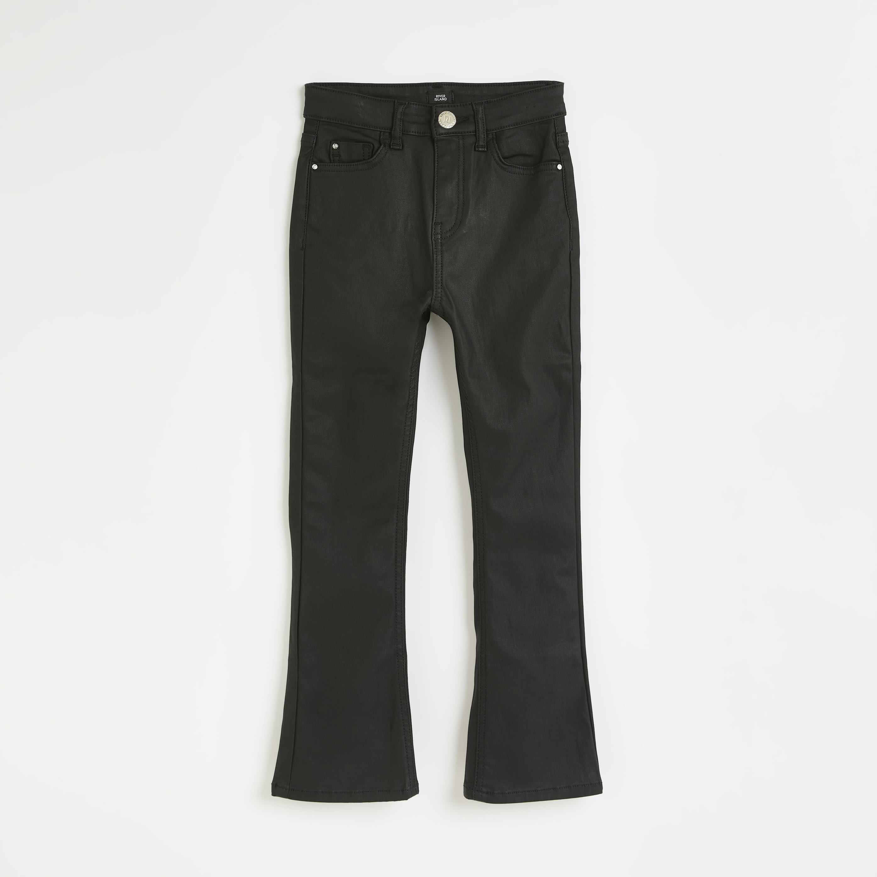 River Island Girls Black Coated Flared Jeans | River Island (UK & IE)