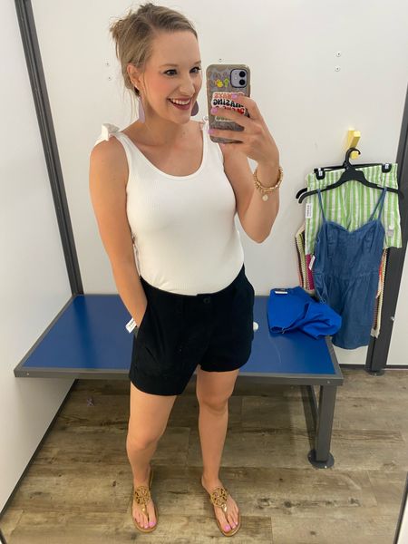 Old navy outfit idea! Tie strap bodysuit paired with chino black shorts 