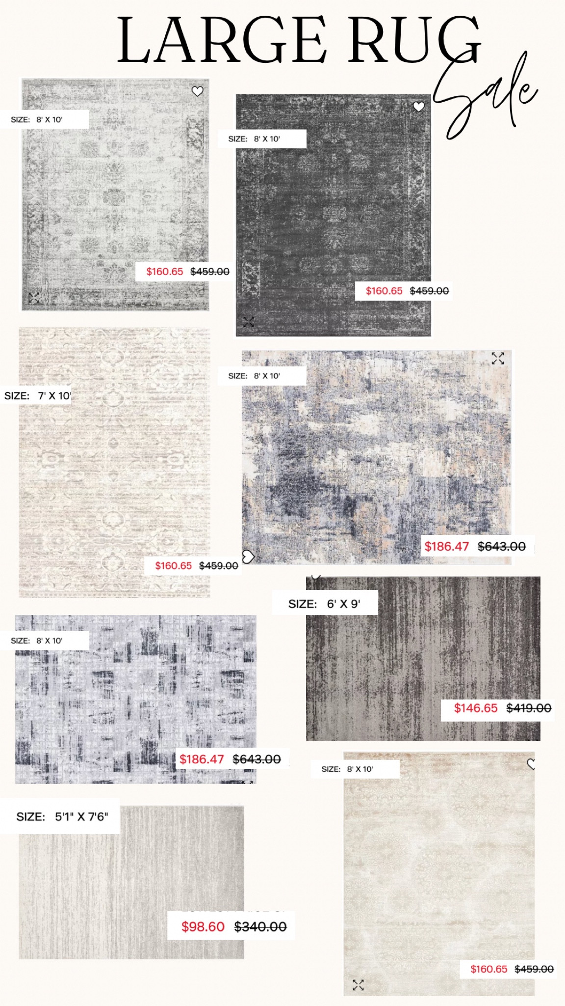 Crazy rug sale ‼️‼️‼️

Step into comfort and style by adding a large area rugs to your space! now at unbeatable prices! 🏡 Transform any space into a cozy haven with a splash of color or a touch of elegance. From luxurious textures to mesmerizing patterns, find the perfect foundation for your room's décor. Don't just cover floors; create masterpieces with these affordable, stylish, large area rugs. Make a statement without breaking the bank – grab this amazing deal before it's swept under the rug! #CozyHaven #FloorArt #DealOfTheDay

#LTKsalealert #LTKSale #LTKhome