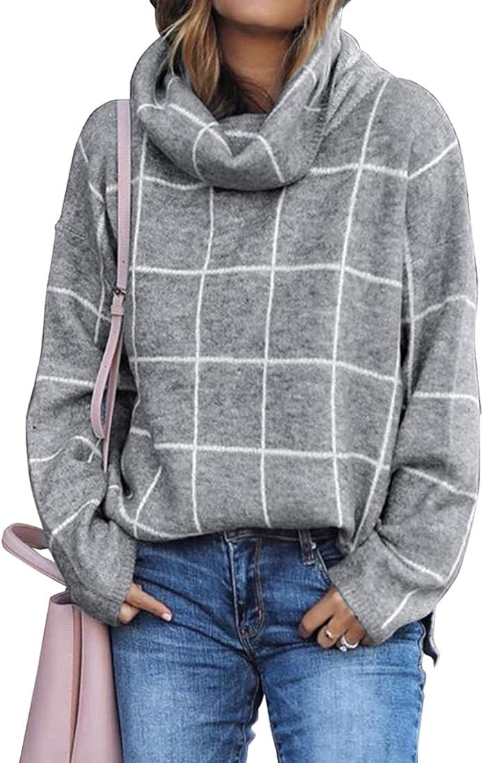 KIRUNDO 2023 Fall Winter Women's Turtleneck Knit Sweater Long Sleeves Pullover Plaid Side Split C... | Amazon (US)