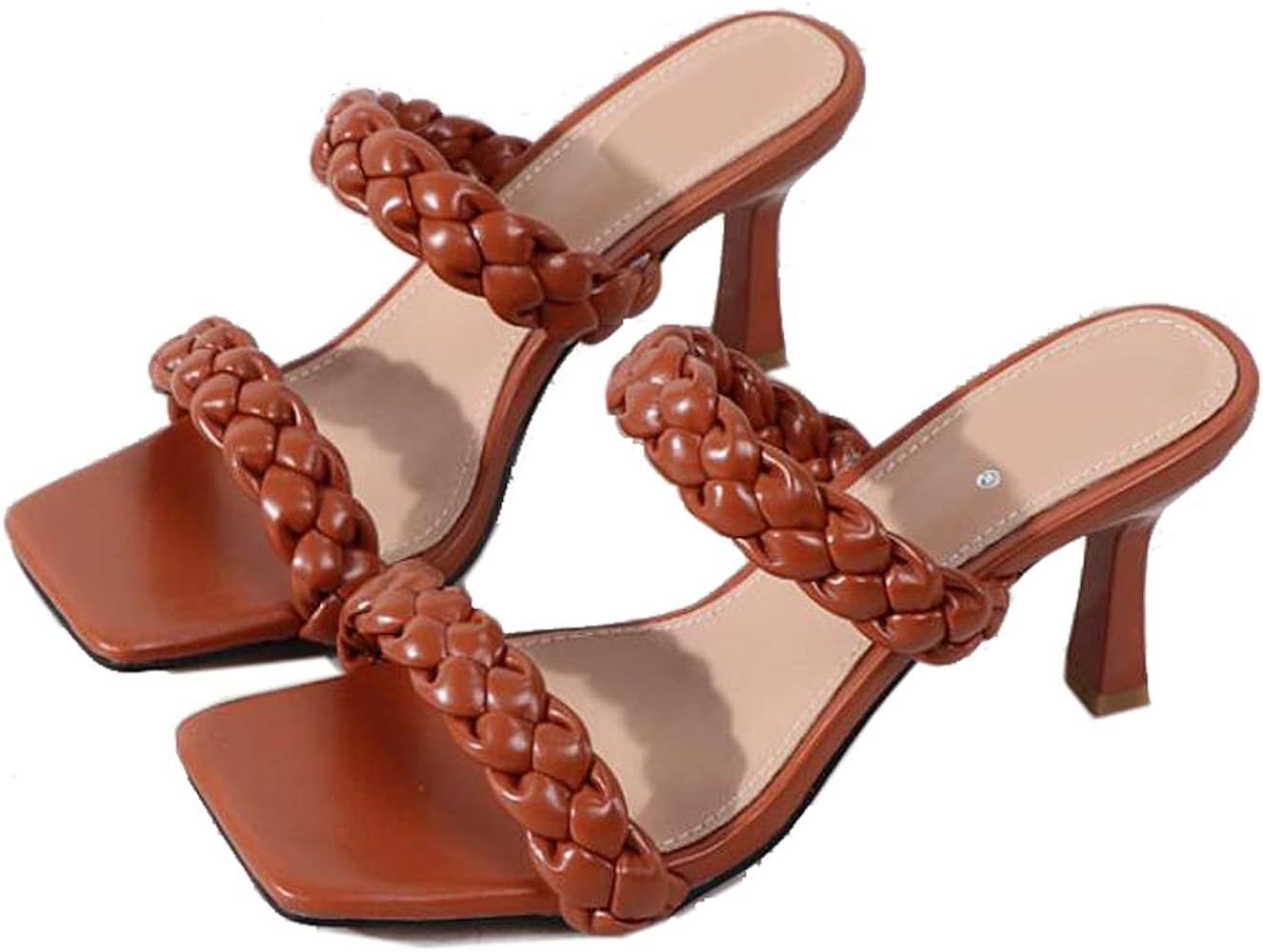 GATUXUS Fashion Women's Stiletto High Heels Slides Sandals Square Toe Weave Double Strap Mules Sanda | Amazon (US)