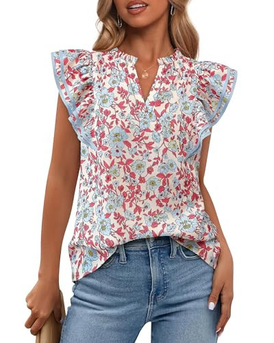 BTFBM Womens Tops Dressy Casual 2026 Spring Summer Shirts Boho Floral V Neck Ruffle Cap Sleeve Business Work Blouses(Floral Beige Multi, XX-Large) | Amazon (US)