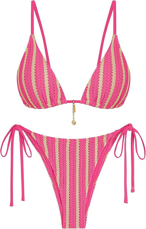 ZAFUL Crochet Bikini Sets for Women Cheeky Two Piece Bathing Suits Striped Brazilian High Cut Kni... | Amazon (US)