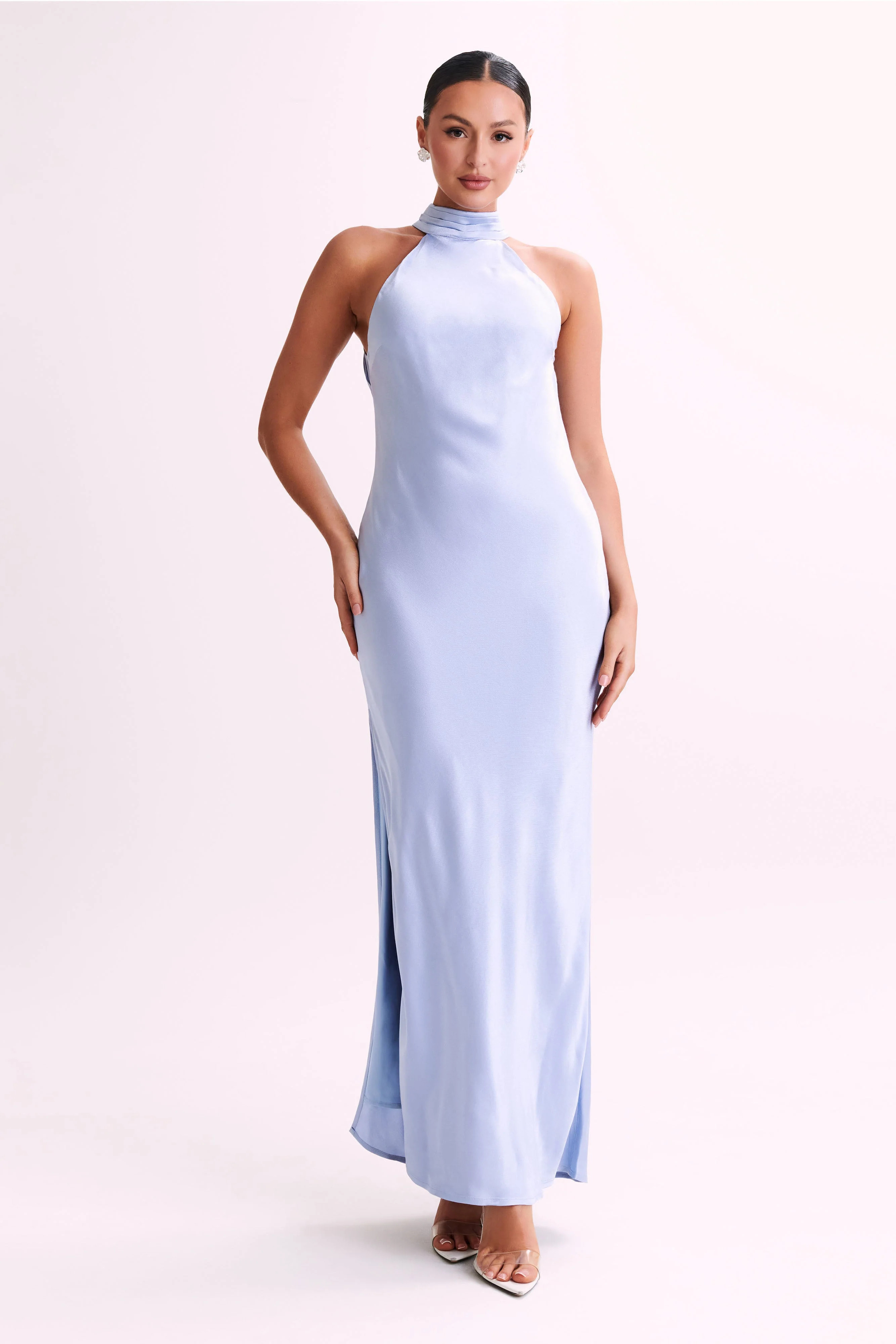 Claire Satin Drape Back Maxi Dress - Ice Blue | MESHKI US