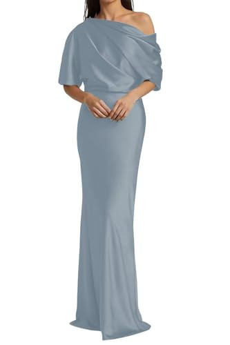 namirate Dusty Blue Mother of The Bride Dresses for Wedding One Shoulder Satin Long Ball Gown with Sleeves Mermaid US2 | Amazon (US)