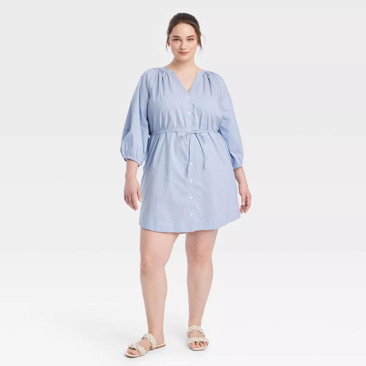 Women's Balloon 3/4 Sleeve Mini Shirtdress - A New Day™ Blue/White Pinstripe 2X | Target