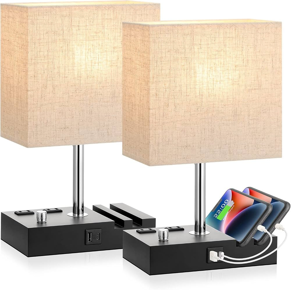 Bedside Lamps for Bedroom Set of 2, Kakanuo Fully Dimmable Small Beige Nightstand Lamps with USB ... | Amazon (US)