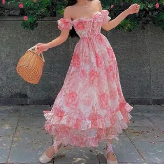 Sosana - Off-Shoulder Floral Print Lace-Up Ruffled-Hem Layered Maxi Dress | YesStyle | YesStyle Global