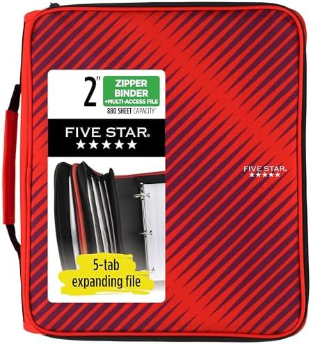 Five Star Zipper Binder, 2 Inch 3-Ring Binder with Round Rings, 5-Tab Expanding File, 380 Sheet C... | Amazon (US)