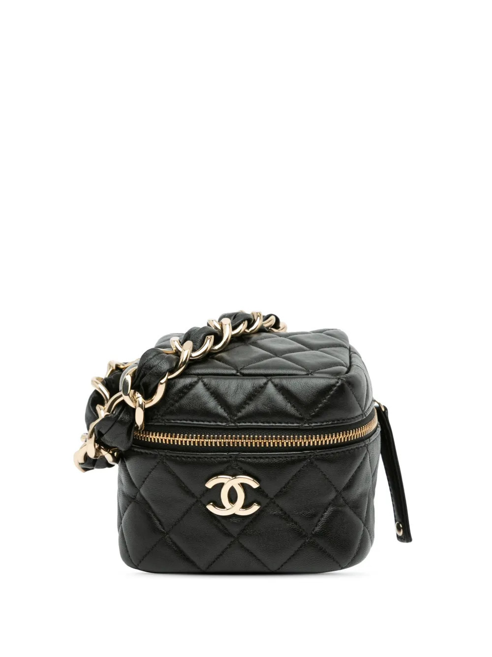 CHANEL Pre-Owned 2021 Quilted Lambskin Cube Chain Wristlet Case vanity bag - Black | Farfetch Global