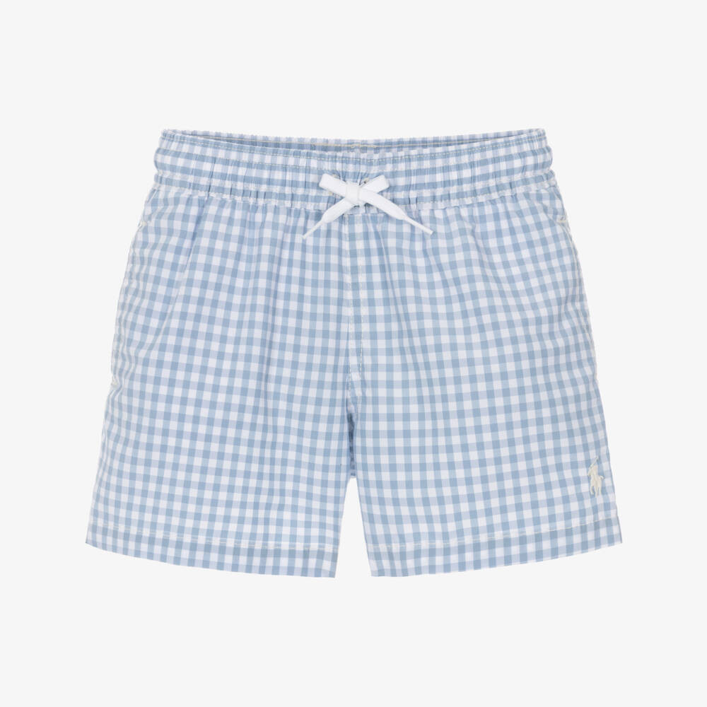 Ralph Lauren Boys Pale Blue Gingham Swim Shorts With Pony Logo | Childrensalon