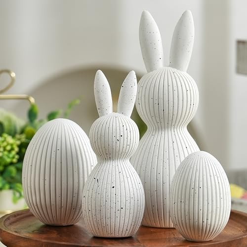AOMOONOA White Bunny and Egg Figurine Set for Modern Easter Decor, 4Pcs Resin Easter Rabbit and Egg Statues with Speckle for Minimalist Home Shelf Mantle Decor, Tabletop Centerpiece | Amazon (US)