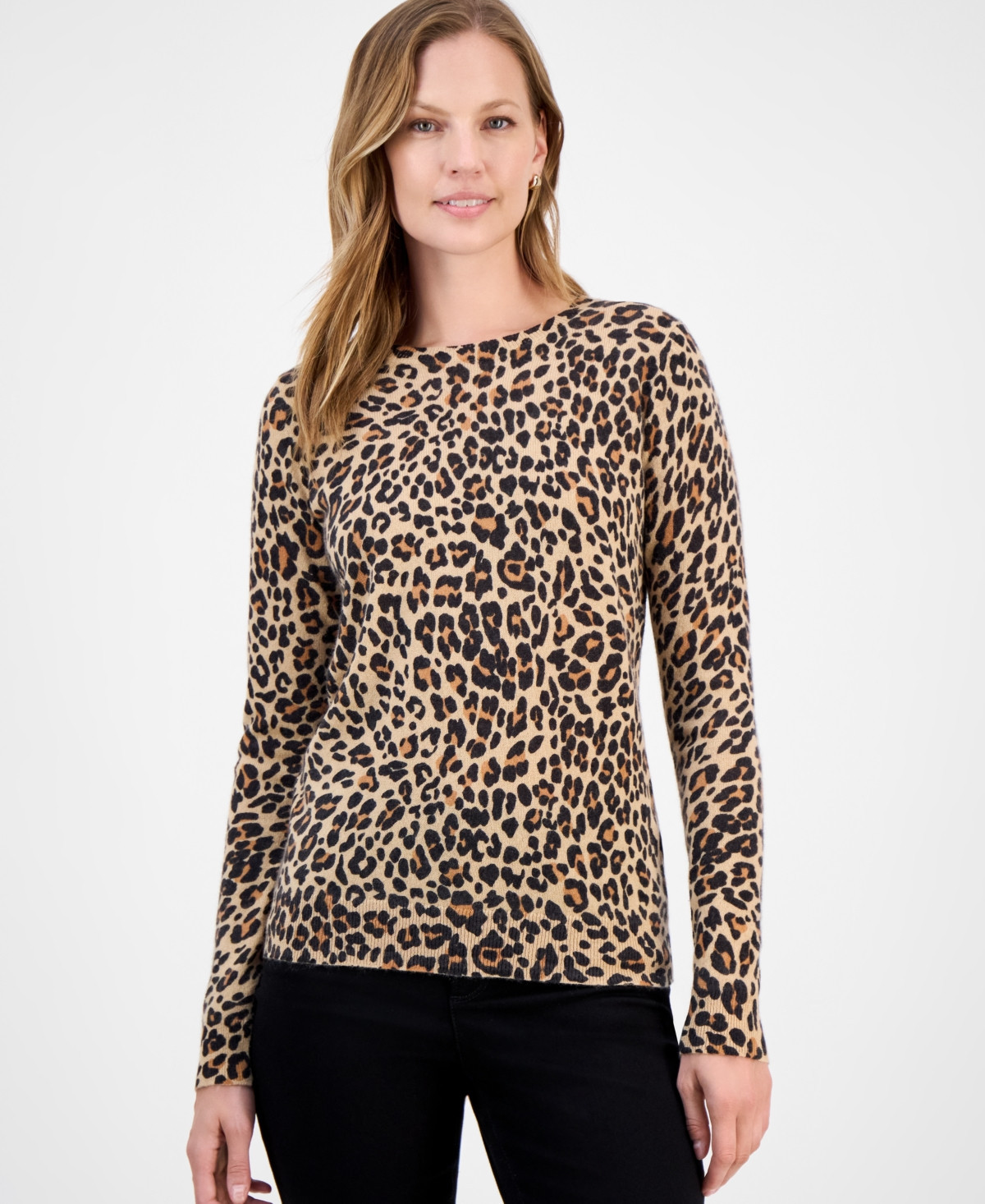 Charter Club Women's Long-Sleeve Classic Spots Crewneck Cashmere Sweater, Macy's Exclusive - Natural Camel Combo | Macy's