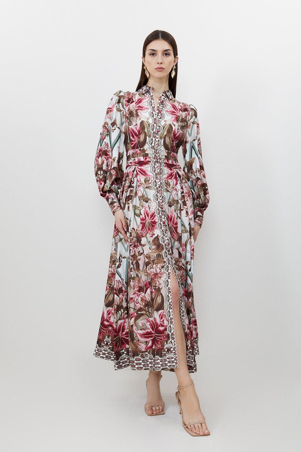 Linen Viscose Border Print Floral Woven Maxi Dress | Karen Millen US