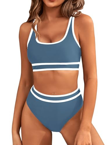 BMJL Women's High Waisted Bikini Sets Sporty Two Piece Swimsuit Color Block Cheeky High Cut Bathing Suits(M,Grey Blue) | Amazon (US)
