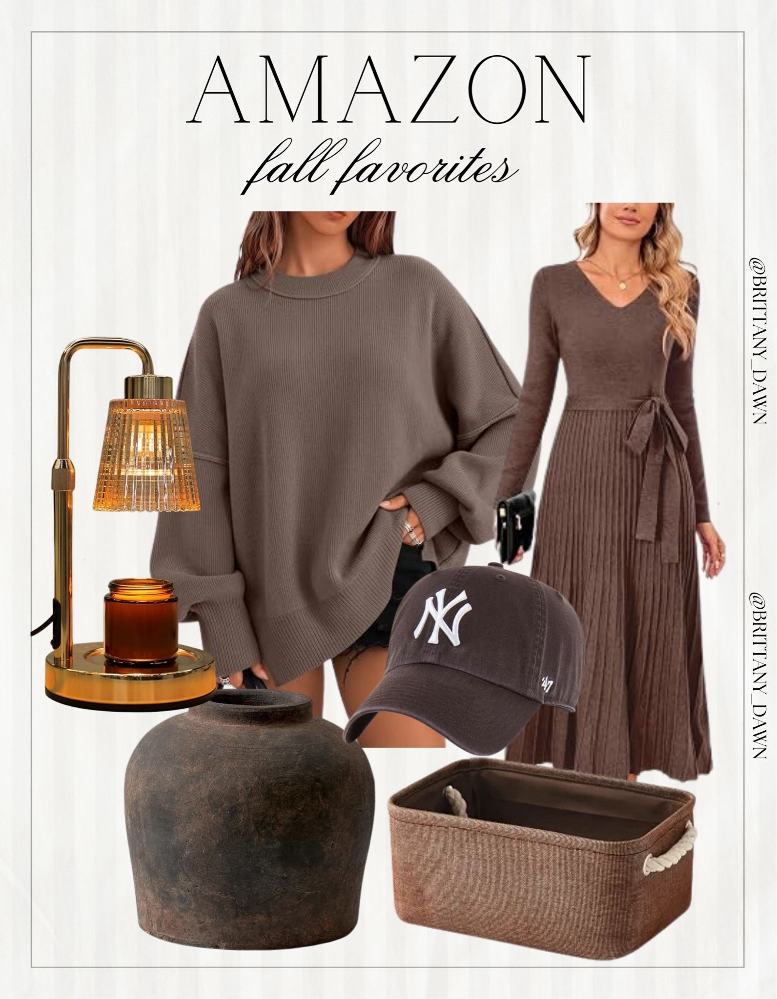 Cozy fall fashion and home picks! ☕

I styled an oversized brown knit sweater, a belted ribbed sweater dress, and a classic NY baseball cap.

Plus, cozy home decor items including a glass candle warmer lamp, a rustic dark ceramic vase, and a woven storage basket. 🕯️✨

#AmazonFashion #FallDecor #LTKstyletip #CozyVibes #SweaterWeather #AutumnDecor #OOTD #HomeStyling

#LTKootd #LTKHome #LTKSeasonal