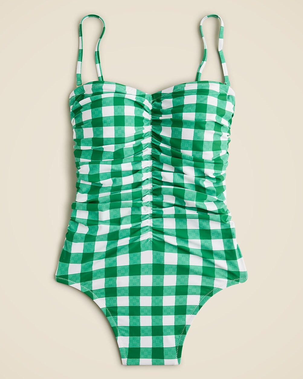 Ruched sweetheart one-piece swimsuit in green gingham | J. Crew US