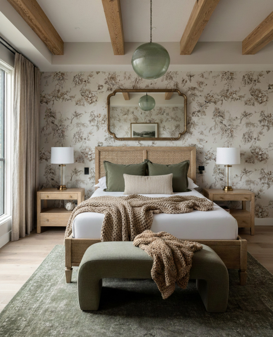 A cozy retreat with layers of texture and tone, this bedroom pairs soft sage and warm neutrals for a calming, timeless feel. The rattan headboard and floral wallpaper bring an organic touch, while brass accents and wood beams add depth and warmth. Every detail, from the chunky knit throw to the curved bench, makes this space effortlessly inviting.

Shop the look:
Rattan bed frame | Green velvet bench | Textured throw blanket | Botanical wallpaper | Brass table lamps | Green accent pillows | Neutral linen pillow | Wood nightstands | Vintage-inspired rug | Glass pendant light | Framed wall art 

Black Friday 

 #LTKStyleTip

#LTKHome #LTKSaleAlert #LTKCyberWeek