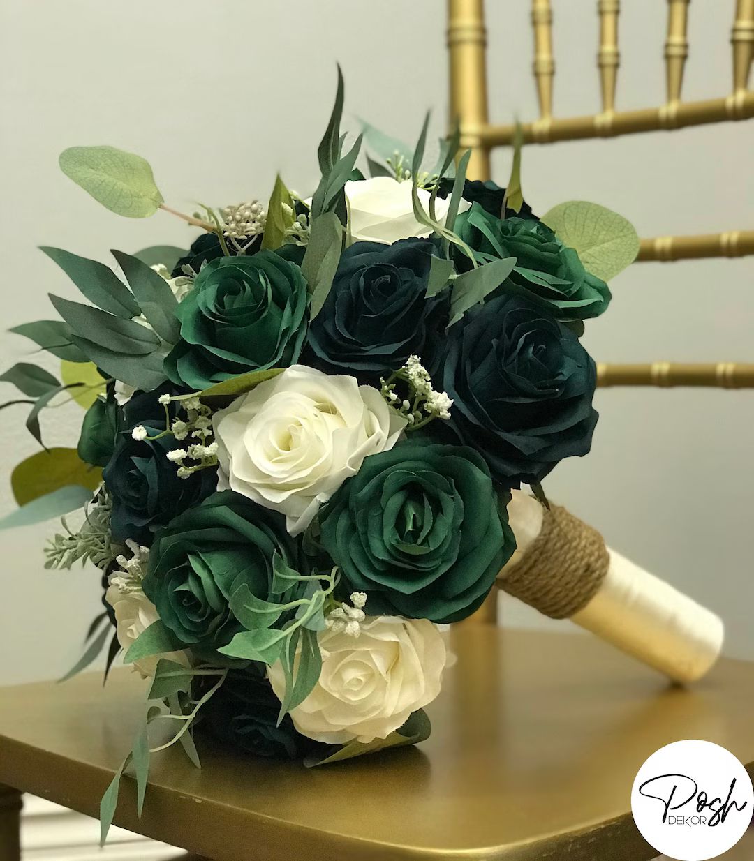EMERALD Green Bridal Bouquet Hunter Green Ivory Roses With - Etsy | Etsy (US)