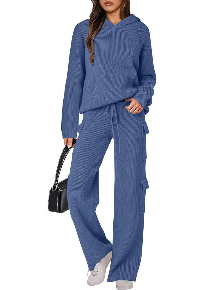 ANRABESS Women’s Two Piece Outfits Casual Knit Hooded Sweater Straight Leg Pants Set 2025 Fall ... | Amazon (US)