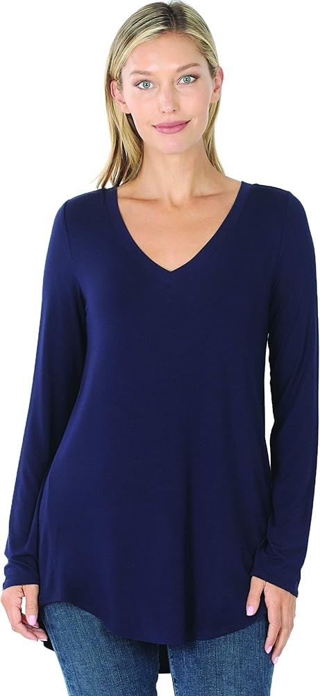 Zenana Plus Luxe Rayon Long Sleeve V-Neck HI-Low Hem TOP | Amazon (US)