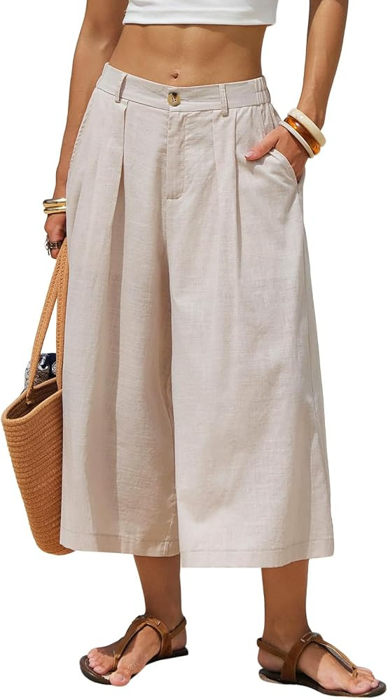 EXLURA Womens Linen Capri Pants Summer Wide Leg Palazzo Pant Cotton Dressy Casual Cropped Gaucho ... | Amazon (US)