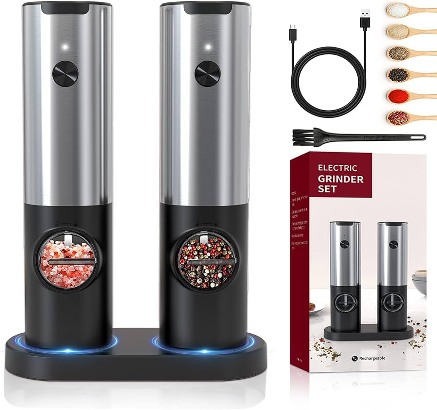 Electric Salt and Pepper Grinder Set, Automatic Electric Stainless Steel Grinder Set with Recharg... | Amazon (US)