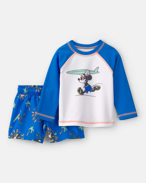 Baby Boy 2-Piece Disney© Mickey Mouse Long-Sleeve Rashguard Swimsuit Set - Blue/White | Carter's | Carter's Inc
